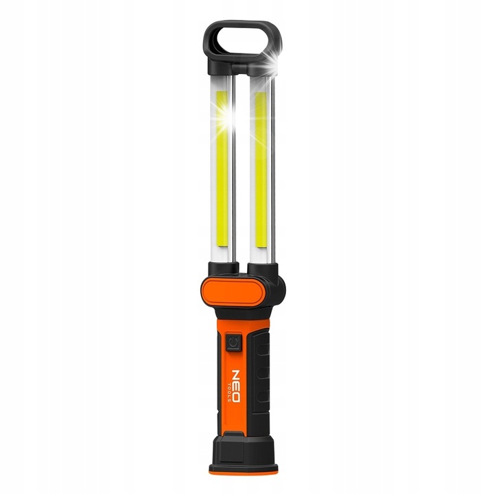 NEO TOOLS 99-066 munkalámpa, COB LED 6W 500 lm, 2400 mAh Li-Ion akkumulátor USB töltéssel, összecsukható horoggal és mágneses talppal, fekete/narancs