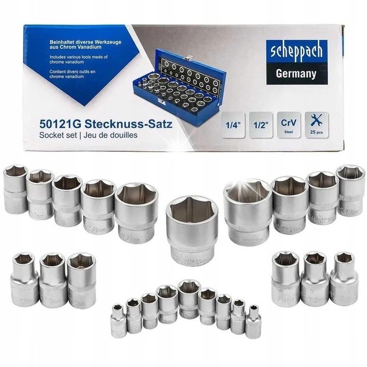 Scheppach 50121G Cr-V acél dugókulcs készlet, 6 pontos profil, 1/4" és 1/2", Kék, 25 darab (4-32mm)