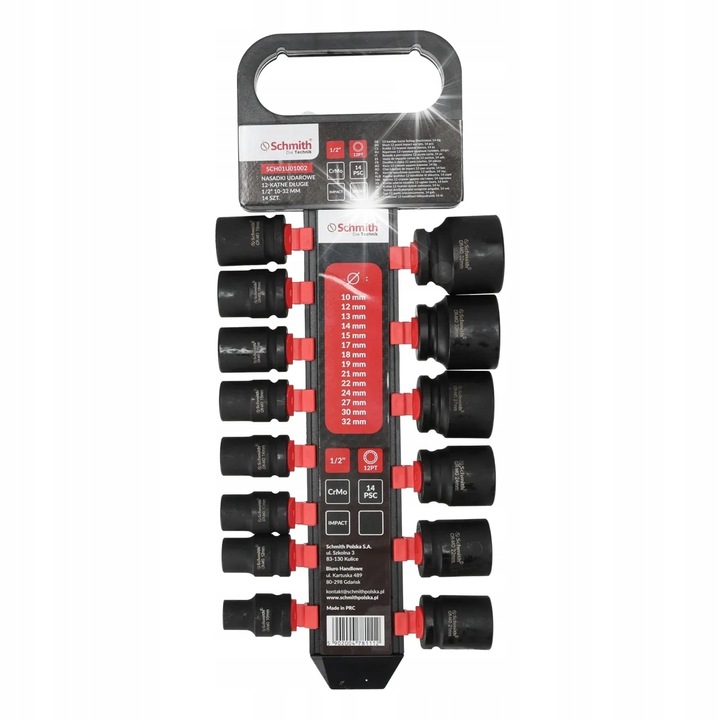 Schmith ütvecsavarozó dugókulcs készlet, 1/2" (12,5 mm), 12 pontos, rövid, CrMo, 10-32 mm, fekete, 14 darab