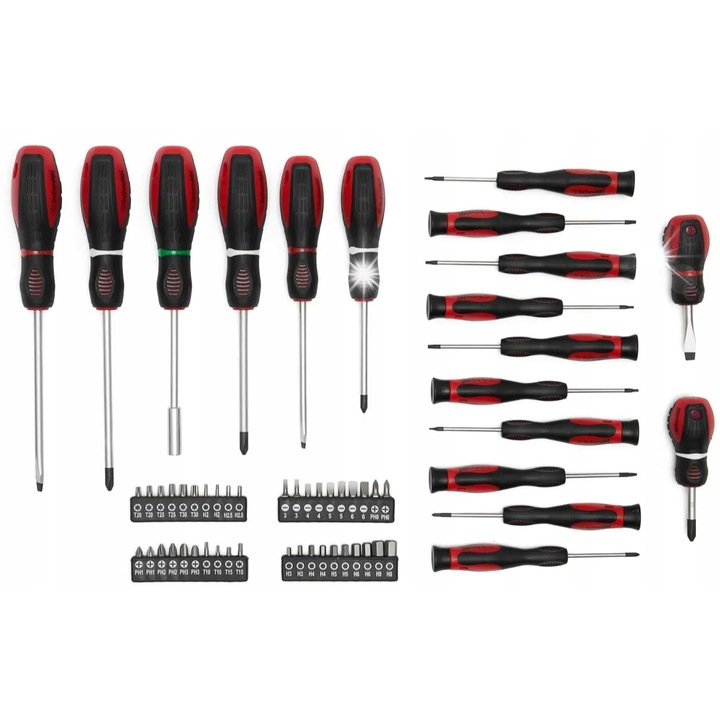 Schmith SCH01S03058 csavarhúzó és bit készlet, S2 acél, mágneses fejek, ergonomikus fogantyú, piros/fekete, 58 darab