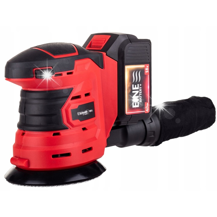 Schmith 18V 125mm akkus excentercsiszoló, szénkefe nélküli, porzsákkal, tépőzáras lapcsere, piros/fekete