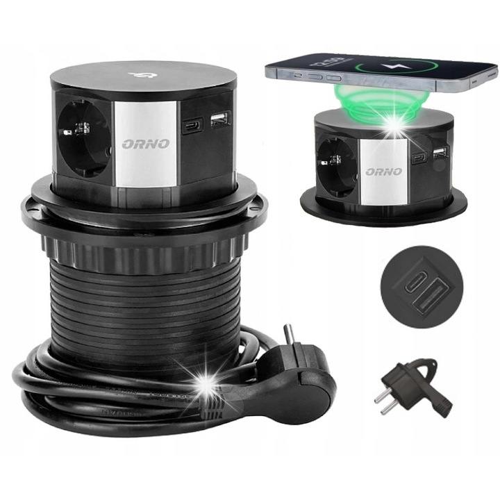 Контакт за плот/вграден Orno OR-GM-9017(GS), 3 контакта Schuko със заземяване, USB A+C QC 3.0 и безжично зареждане Qi 10W, Черен, 1 бр