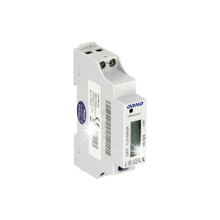 Еднофазен електромер Orno OR-WE-521, 40A, 230V, 1000имп/kWh, с импулсен изход и осветен LCD дисплей, бял, 1 модул (18мм)