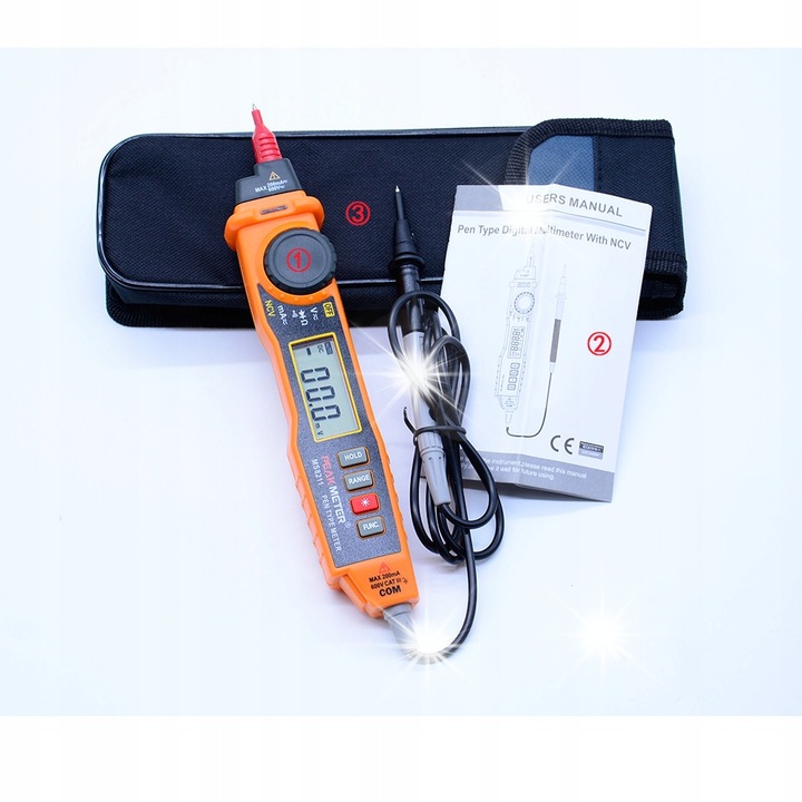 Multimetru/tester PeakMeter PM8211, in forma de pix, cu detectie fara contact ncv, masurare ac/dc pana la 600V si curent pana la 0,2A, lanterna led, portocaliu