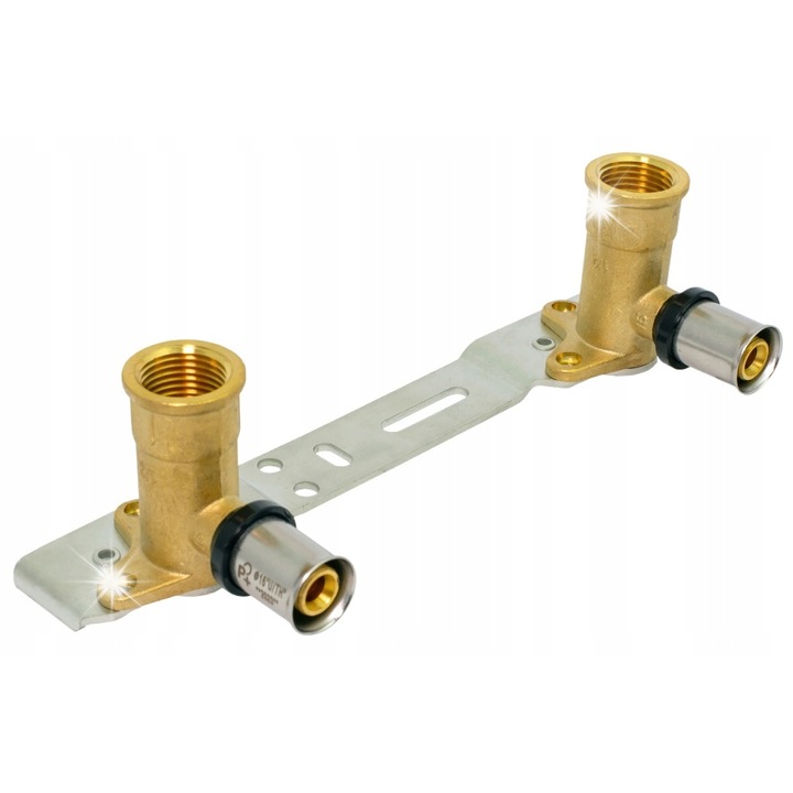 Lista montaj baterie Perfexim Perfekt System Plus, cu coturi presate PEX/Alupex/Pert 16x1/2, L-150 mm, sistem LBP Leak Before Press, corp alama CW617N, tuleie otel inoxidabil, alama/argintiu, 1 buc