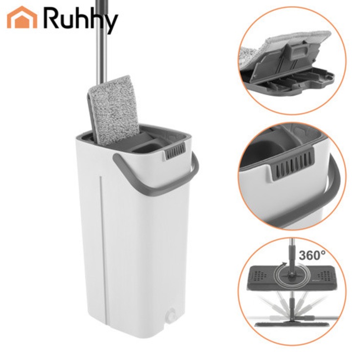 Set mop plat cu galeata RUHHY, 2 compartimente, storcator, 3 rezerve microfibra, rotatie 360°, 123 cm, 36.5 x 20.5 x 18 cm, Plastic + inox, Alb/Gri