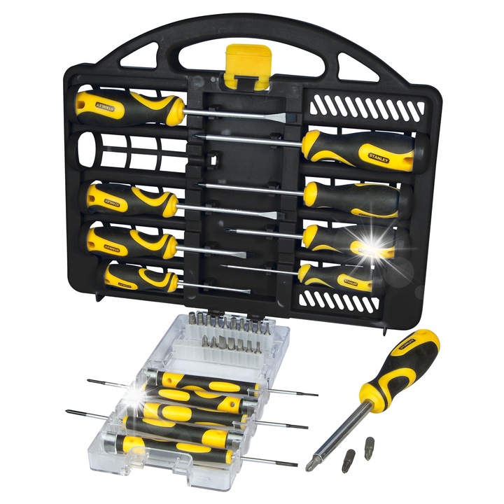 Stanley STHT0-62141 csavarhúzó készlet, króm-vanádium acélból, Soft Grip markolat, bitekkel és táskával, sárga/fekete, 34 darab