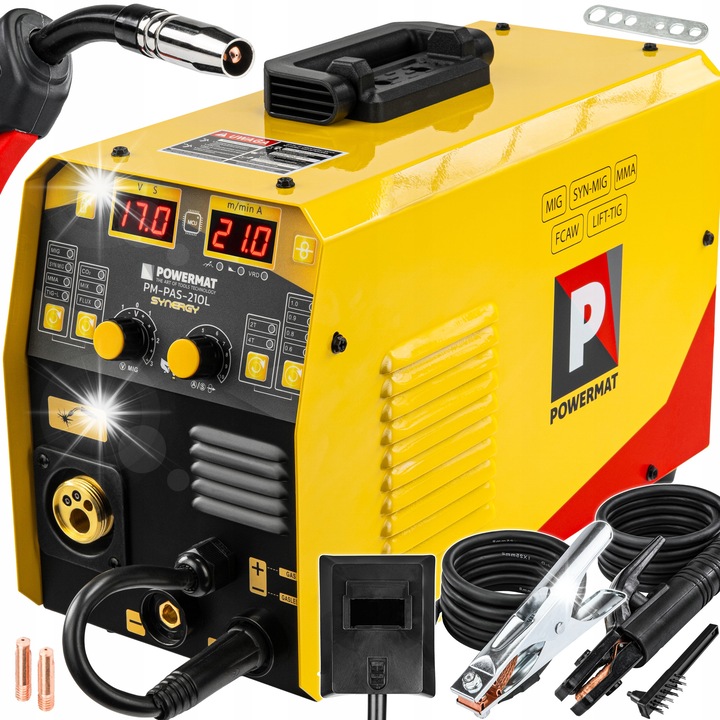 Powermat PM-PAS-210L hegesztő inverter, MIG/MAG MMA TIG LIFT FLUX, IGBT technológia, szinergikus mód, LCD, 210 A, sárga, 1 db