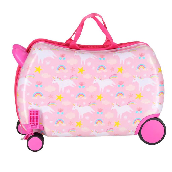Troller Copii Rainbow Unicorn Pink kerekekkel, rózsaszín utazó bőrönd kislányoknak, kézipoggyász hordozószíjjal és fogantyúval, dupla cipzár, 44 x 28 x 21 cm