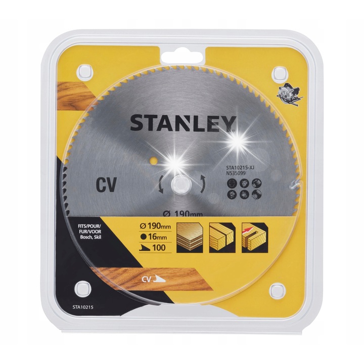 Disc pentru ferastrau circular Stanley STA10215, din otel CV, 100 dinti, 190 mm, O 16 mm, pentru lemn si placaj, argintiu, 1 buc