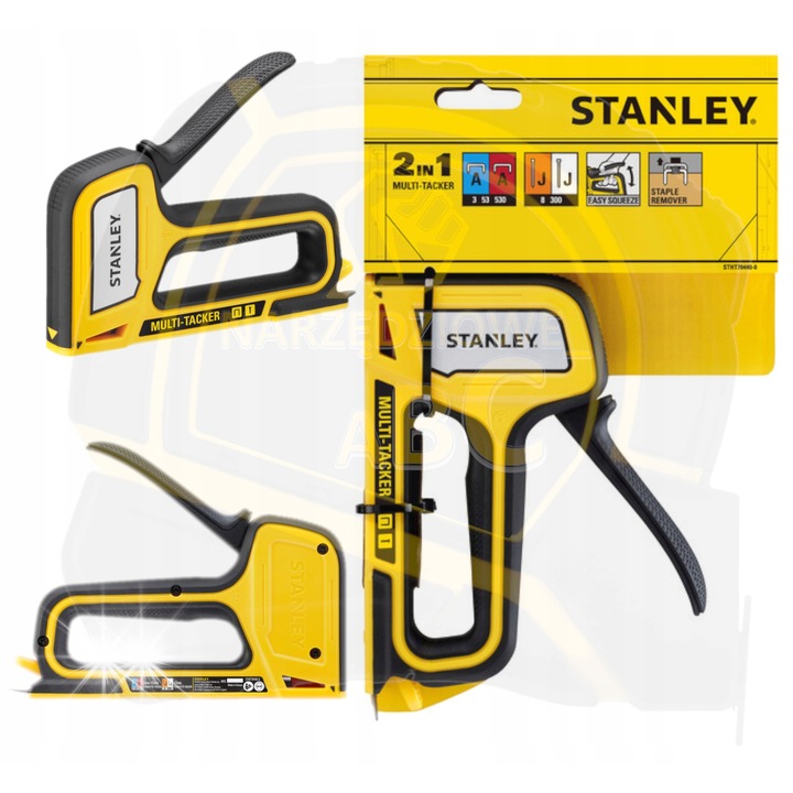 Ръчен такер Stanley 2 в 1 Multi Tacker STHT70440, с технология Easy Squeeze, вграден екстрактор за скоби, прозорец за скоби, жълт/черен, 1 бр.