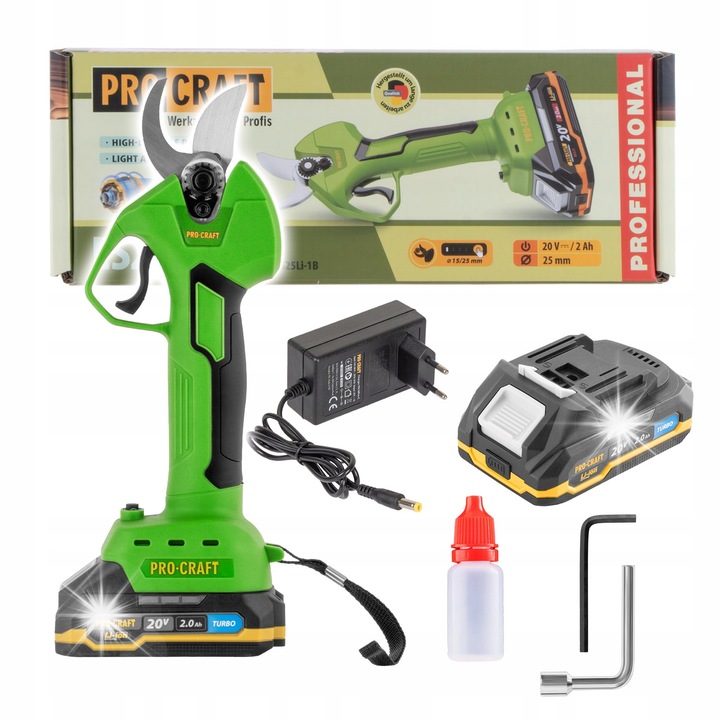 Procraft ES25Li elektromos ágvágó olló, akkumulátoros olló, kefe nélküli motor, 20V 2Ah, vágás 15/25 mm, zöld, 1 db