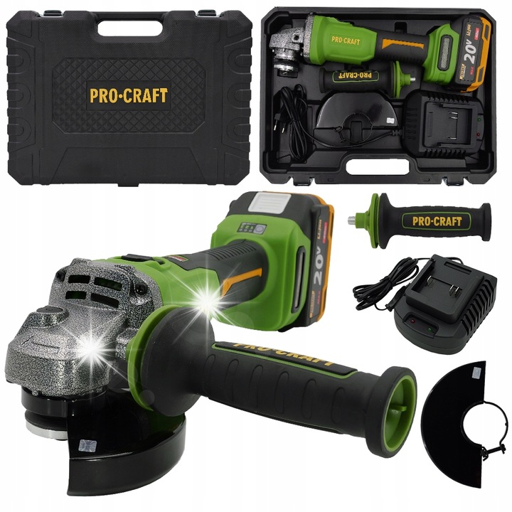 Procraft PWA220 sarokcsiszoló, Li-ion 20V 4,0Ah akkumulátorral, szénkefe nélküli motorral, kettős fordulatszám-szabályozással (3500/6000/8000 ford./perc), 125 mm tárcsaátmérő, zöld/fekete