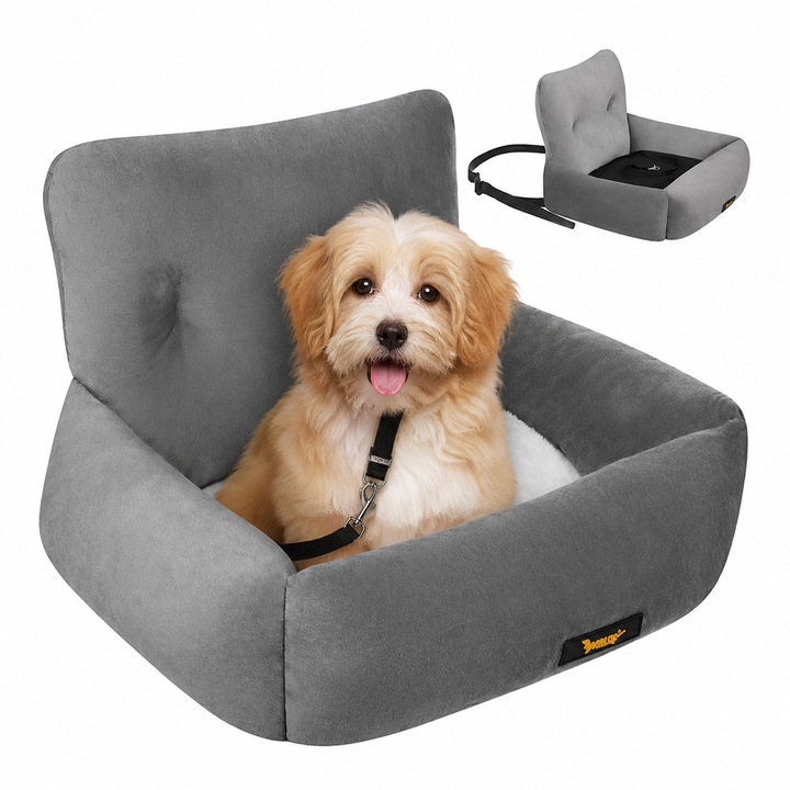 Scaun Auto pentru Caini si Pisici, 44x35x30 cm, Impermeabil, Antiderapant, Cu Perna si Prindere Centura, pentru Animale pana la 2.5 kg, Poliester/Bumbac, culoare Gri