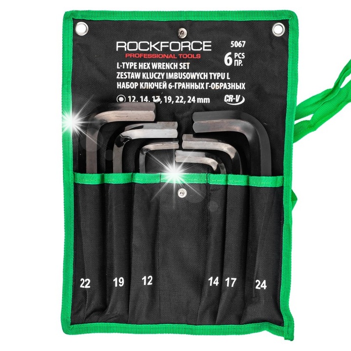 Set chei imbus/hex Rockforce 5067, din otel CrV, tip L pentru spatii inguste, negru/verde, 6 piese, 12, 14, 17, 19, 22, 24 mm
