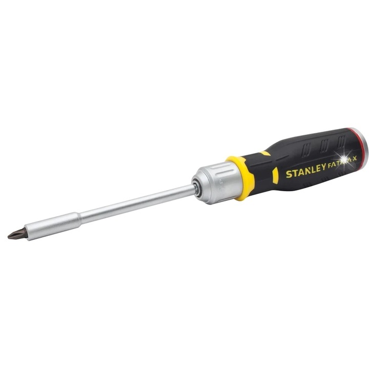 Отвертка с тресчотка Stanley FatMax FMHT0-62690, тресчотка 45 зъба, мека дръжка с място за съхранение на битове, магнитен държач, 12 бита (3 плоски 5/6.5/8, PH1-3, PZ1-3, TX10-20), Черно/сребристо, 1 комплект