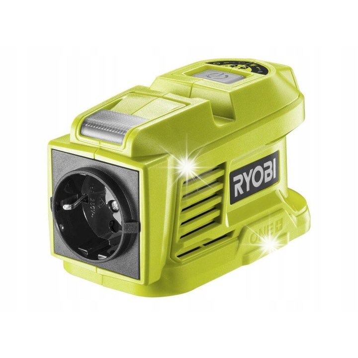 Invertor Ryobi RY18BI150A-0, 18V convertor de tensiune 230V/150W continuu, adaptor ONE+ compatibil, lampa LED 2 trepte, verde