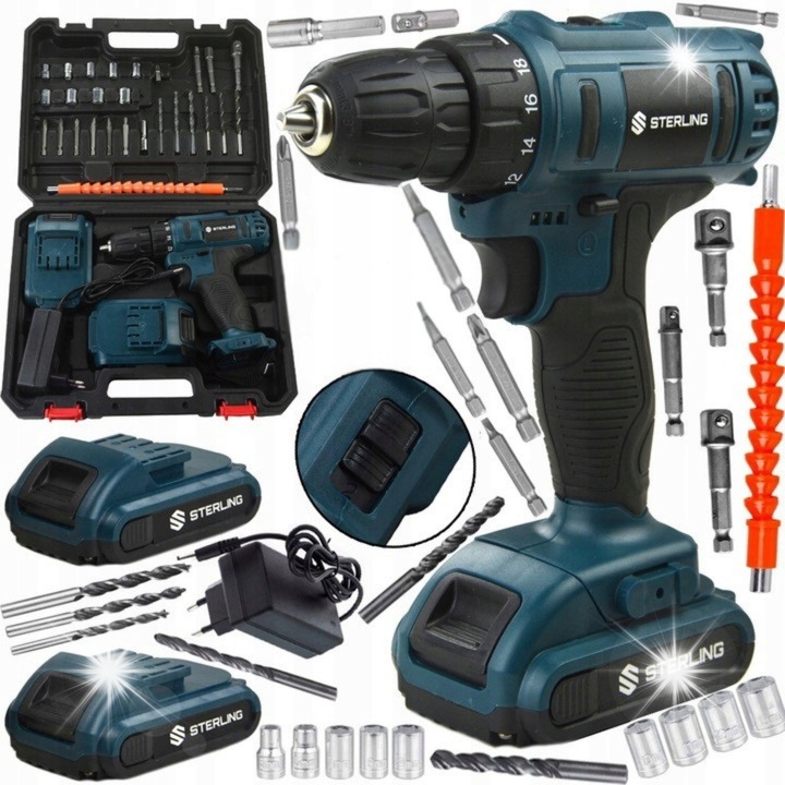 Bormasina/surubelnita cu acumulator Sterling 21V, cu reglaj viteza si functie impact, 2 x acumulator 2.0 Ah, kit accesorii complet cu valiza, albastru inchis/negru, set