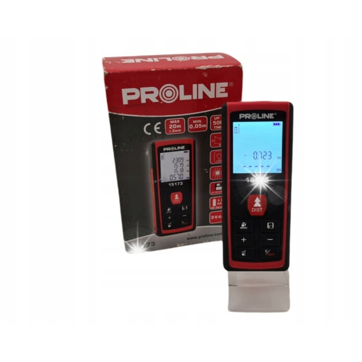 Telemetru laser Proline 15173, 20 m, precizie 0,05 m, ecran iluminat, memorie 20 masuratori, negru/rosu, 1 buc