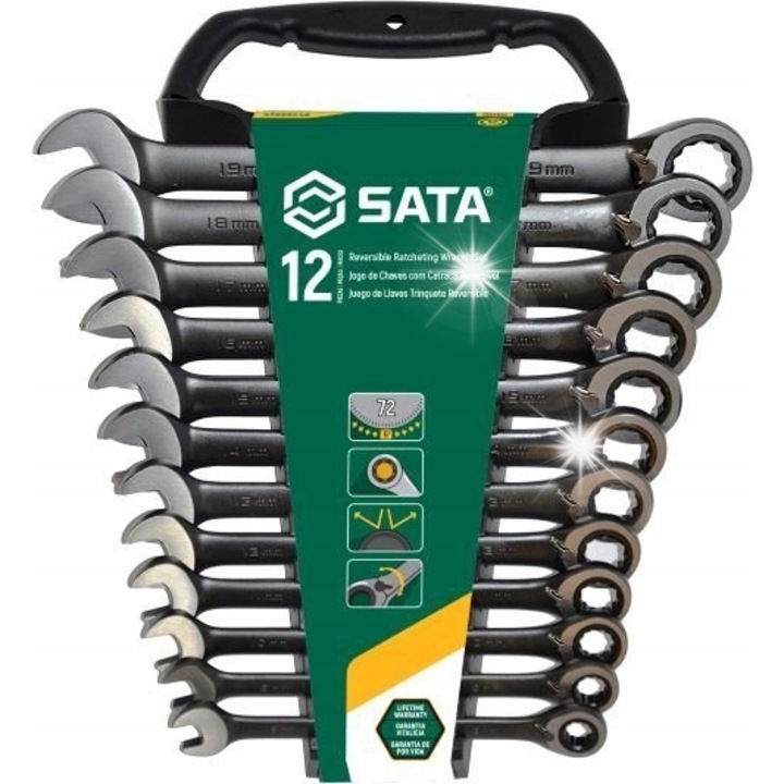 Set 12 chei combinate cu clichet SATA 08044B, din otel Cr-V, comutator directie reversibil, finisaj oxid negru, negru, 12 buc