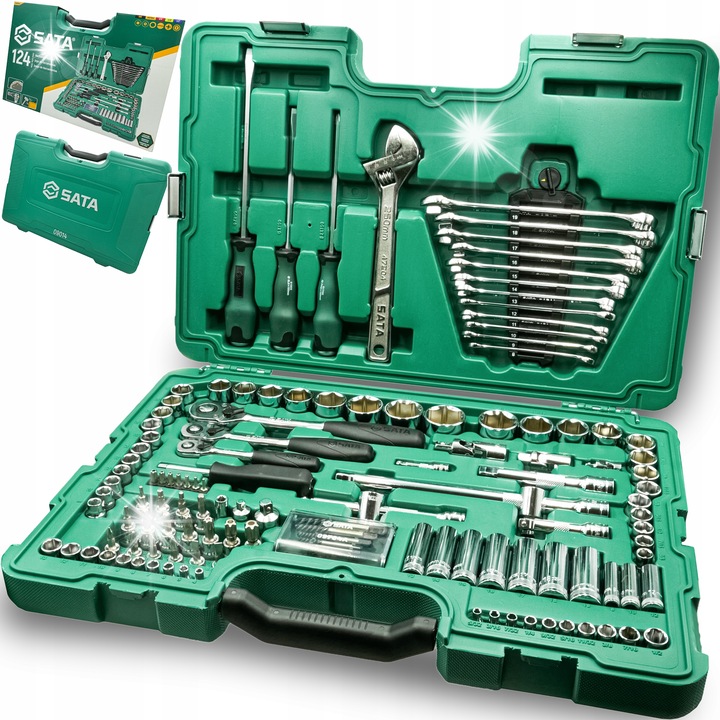 Set scule tubulare SATA ST09014SJ, metrice si cal (SAE), cu racheta 1/4''/3/8''/1/2'', Verde, 124 piese