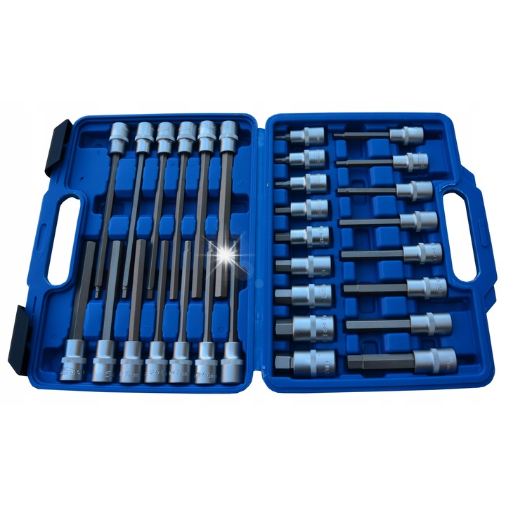 1/2" dugókulcs készlet Satra S-SH3012, CrV acélból, matt felület recézéssel, műanyag koffer, Ezüst/Kék, 30 darab