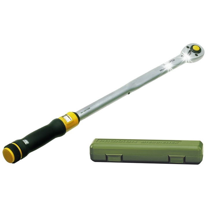 Cheie dinamometrica Proxxon MicroClick MC 100, 20-100 Nm, prindere 3/8\", CrV nichelata si cromata, cu clic audibil, Argintiu/galben, 430 mm
