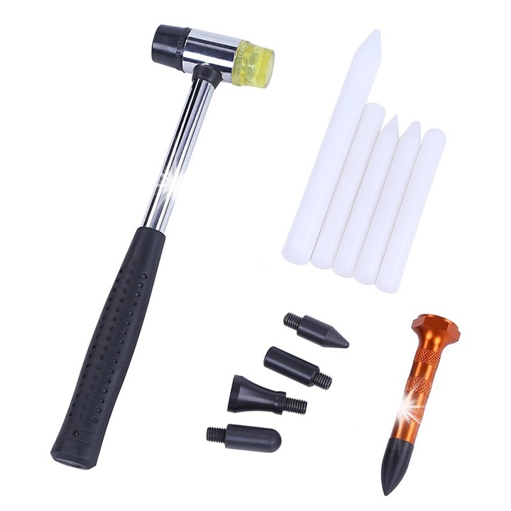 Set PDR Super PDR pentru indepartarea gropilor caroseriei, ciocan blacarie si pobijak, 9 capete interschimbabile din nylon care nu zgarie vopseaua, instructiuni si materiale video incluse, Multicolor, 1 set