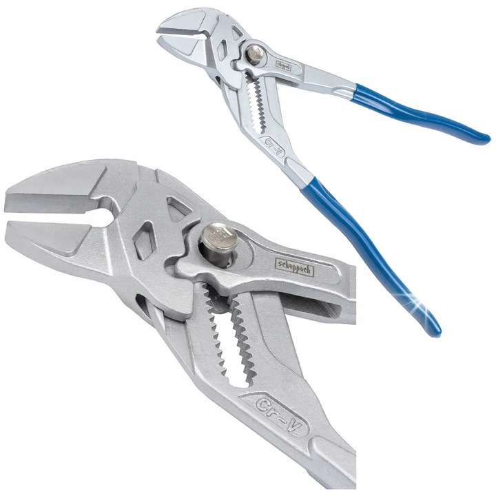 Scheppach 613Q250 univerzális állítható fogó, Cr-V acélból, reteszelő mechanizmussal és 45 mm maximális befogással, csúszásgátló markolattal, 250 mm, ezüst/kék, 1 db