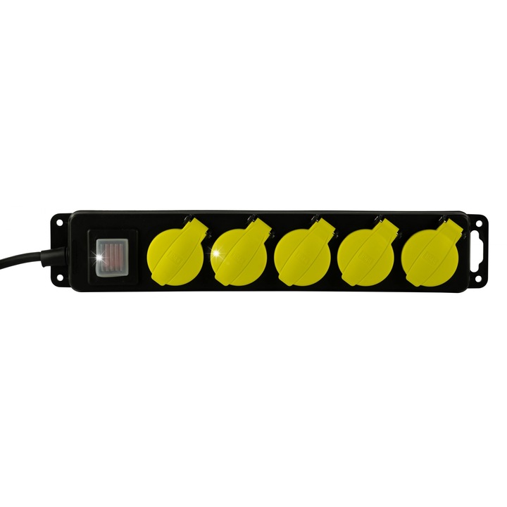 Удължител за работилница Schmith SP5GZ-WW-5M, с прекъсвач, 5 контакта 5x2P+Z със заземяване, кабел 3x1,5mm2 H05RR-F, IP44, черно/жълто, 5м