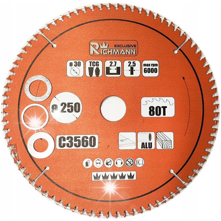 Disc/panza pentru ferastrau circular Richmann C3560, TCT cu varfuri din carbura OKE103, geometrie TCG, pentru laminate, aluminiu si lemn, portocaliu, 250x30 mm, 80 dinti