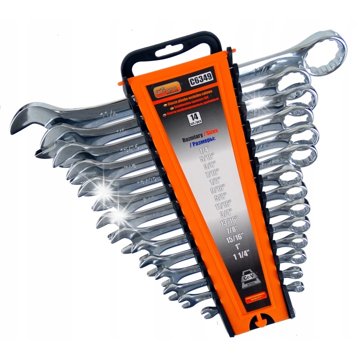 RICHMANN C6349 kombinált és villáskulcs készlet, króm-vanádium CR-V acélból, polírozott felület, tokkal, ezüst, 14 darab, 1/4"-1 1/4"