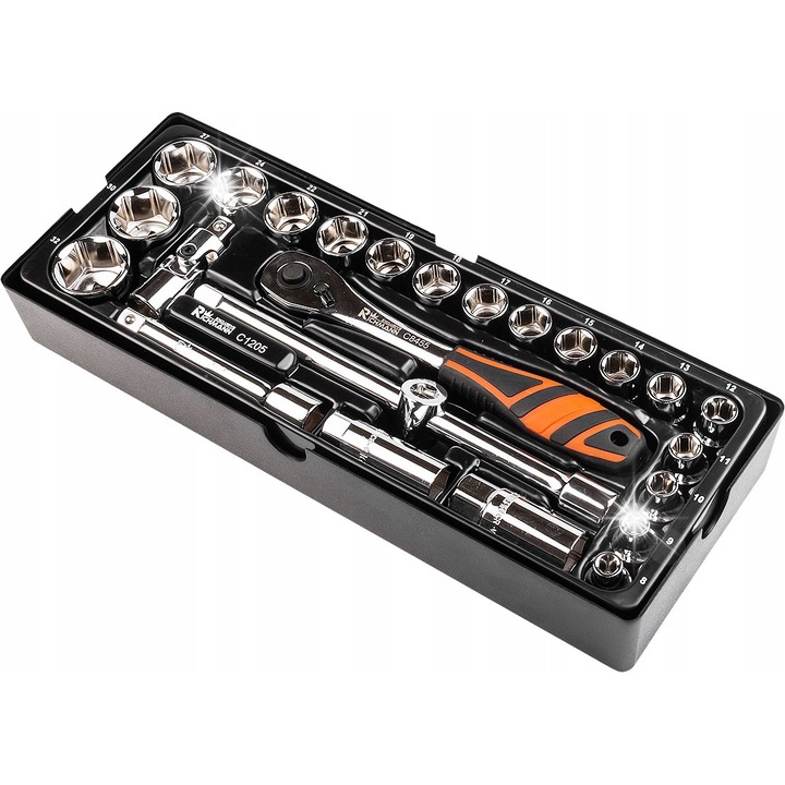 Set chei tubulare Richmann C1205, cheie cu clichet 1/2" 60 dinti, Cr-V, tubulare 8-32 mm, Negru-Portocaliu, 25 piese