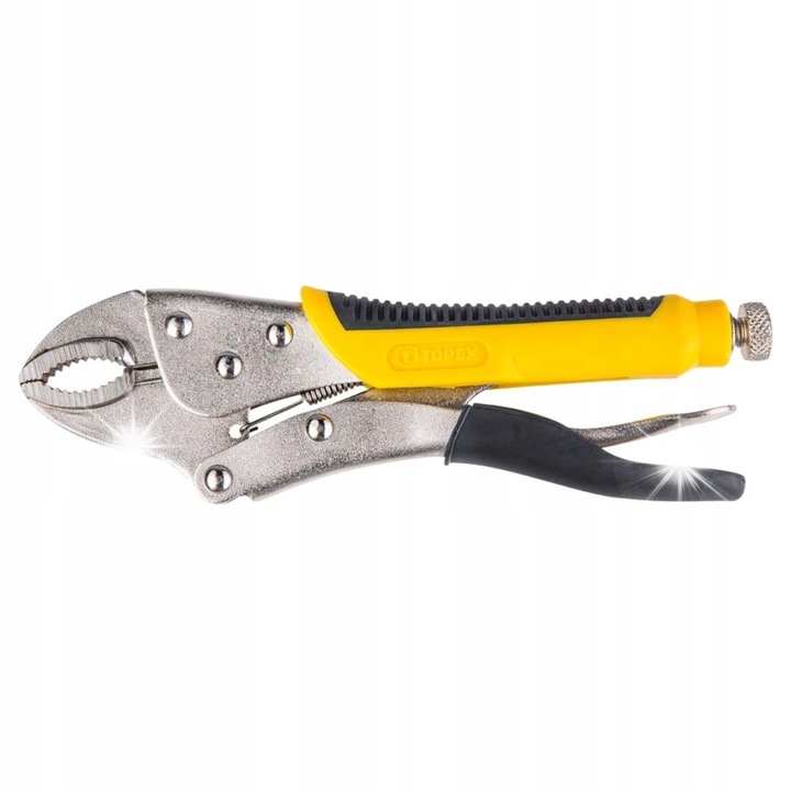 TOPEX 32D856 rögzítőfogó, króm-vanádium (Cr-V) acélból, racsnis mechanizmus, ergonomikus csúszásmentes fogantyú, sárga/fekete, 225 mm