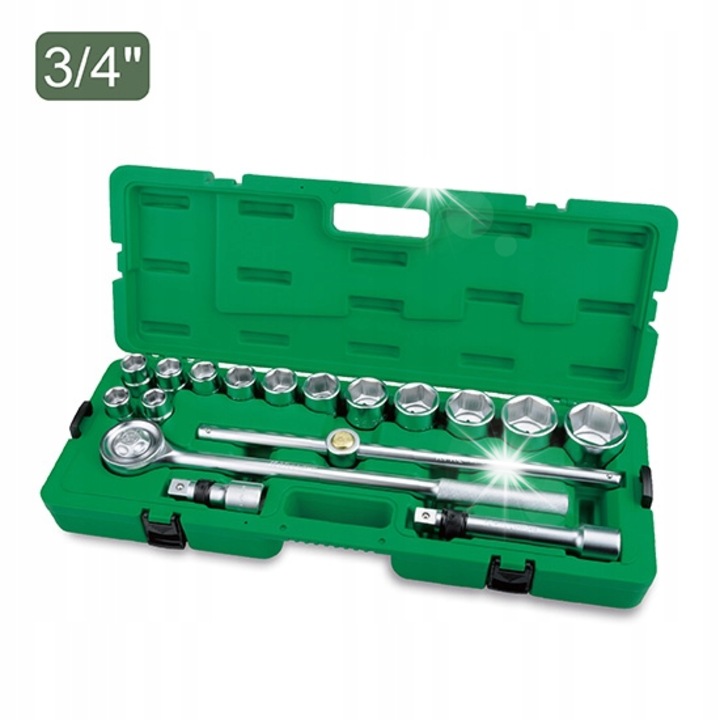 Set chei tubulare 3/4 Toptul GCAI1701, capete tubulare hexagonale CR-V, cu prelungitoare si clichet, 19-50 mm, Verde, 17 piese