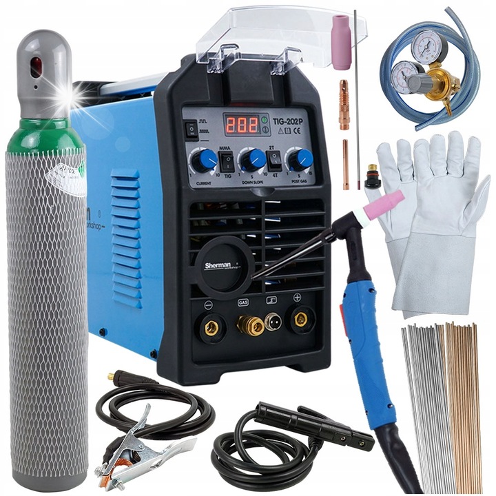 Заваръчен апарат TIG DC Sherman DIGITIG 202 PULSE, инвертор 230V, Пулс и 2T/4T, Син/Черен, комплект с бутилка Аргон 8L