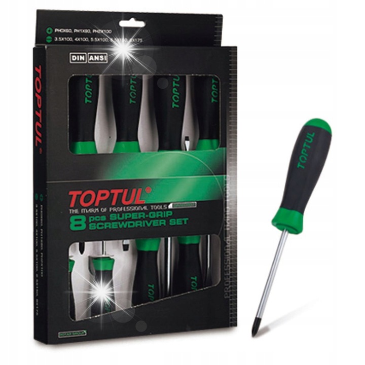 Комплект 8 отвертки Toptul PH плоски 3.5x100-8.0x175mm