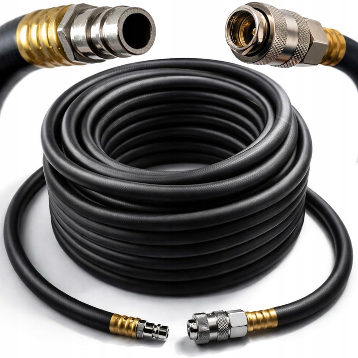 Furtun pneumatic / furtun aer Ondragon 10 x 17 mm, guma/PVC rezistent la ulei, presiune de lucru 20 bar, cu cuple rapide 3/8, negru, 15 m