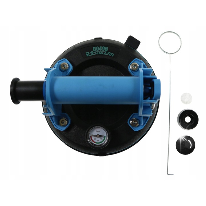 RICHMANN C0495 vákuumos tapadókorong, 150 mm, max. 80 kg teherbírás, manométerrel és pumpával, ABS-ből, szállítótáskával, fekete/kék, 1 db.