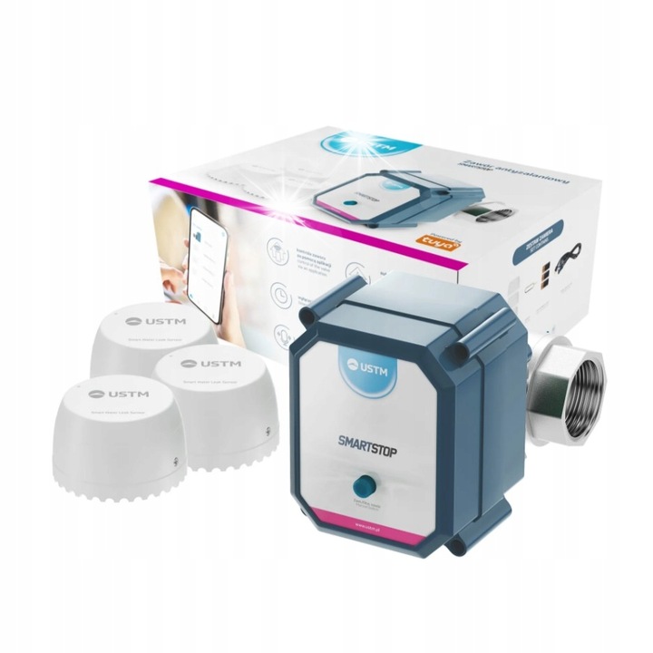 UST-M Smartstop 1" árvízvédelmi szelep, 3 érzékelő, rozsdamentes acél, 7x12.5x8.5cm
