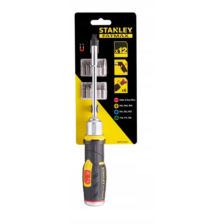 Отвертка с тресчотка Stanley FatMax 62691, тип пистолет, 45 позиции, сгъваема мека дръжка с отделение за битове, магнитен връх, комплект 12 бита (PH1-3, PZ1-3, T10-20, 5/6.5/8 mm), черен/жълт