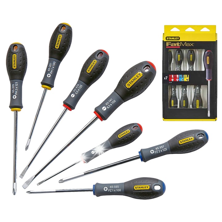 Комплект 7 отвертки Stanley Fatmax, стомана, дръжки Soft Grip, многоцветни, различни размери