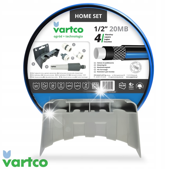 Vartco HOME kerti tömlő, 4 rétegű, 25 BAR szakítószilárdság, algásodásgátló és UV-védelem, fekete kék csíkkal, 1/2'' 20m, szett gyorscsatlakozókkal és tartóval