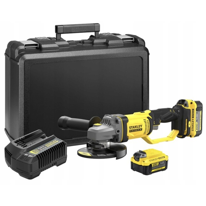 Polizor unghiular / flex Stanley SFMCG400M2K, fara fir 18V V20, 2 x 4.0Ah, disc 125mm, 8500 rpm, galben/negru, set cu incarcator si valiza