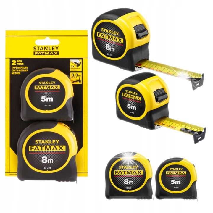 Комплект 2 измервателни ленти Stanley Fatmax 8м и 5м, здрави, 32мм