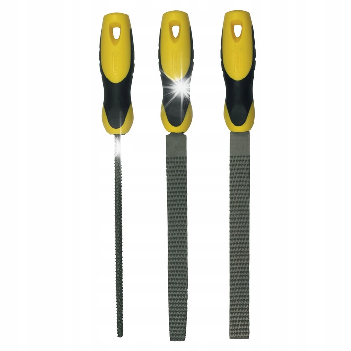 Set 3 pile pentru lemn Stanley 22477, otel carbon, maner TPR ergonomic antialunecare, 200 mm, galben/negru