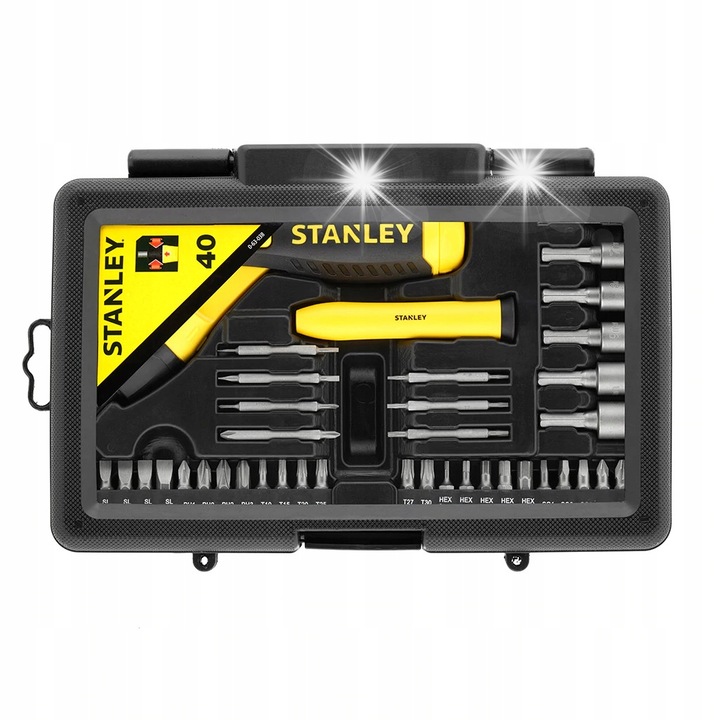 Комплект битове и накрайници Stanley 63-038, отвертка с тресчотка, самозахващаща дръжка, черен/жълт, 38 части