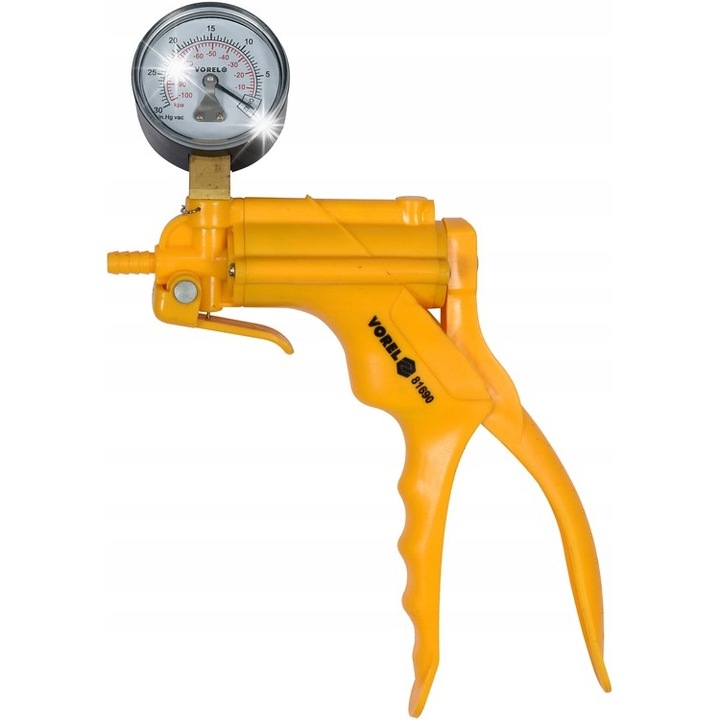 Pompa de vid manuala / pompa subvid Vorel 81690, cu manometru (-1 bar), pentru diagnostic auto si aerisire frane, galben, 16 piese