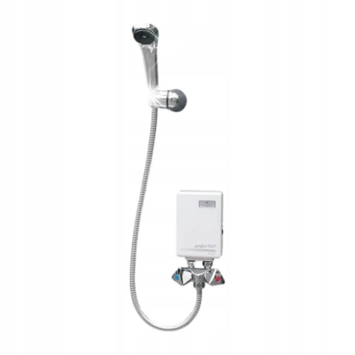 Wijas Perfect 500P átfolyós vízmelegítő, 5 kW, sárgaréz csaptelep, zuhanykészlet zuhanyfejjel együtt, elektronikus indítás, IP25, Fehér, 230V