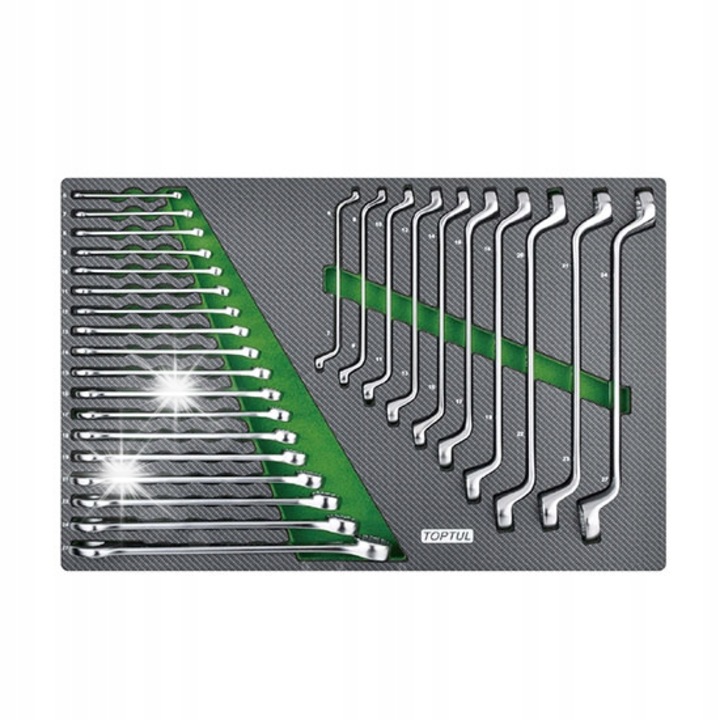 Set chei combinate Toptul GED2813, chei plate-inele 6-27 mm, indoite 15° si inelare 75°, negru/verde, 28 piese